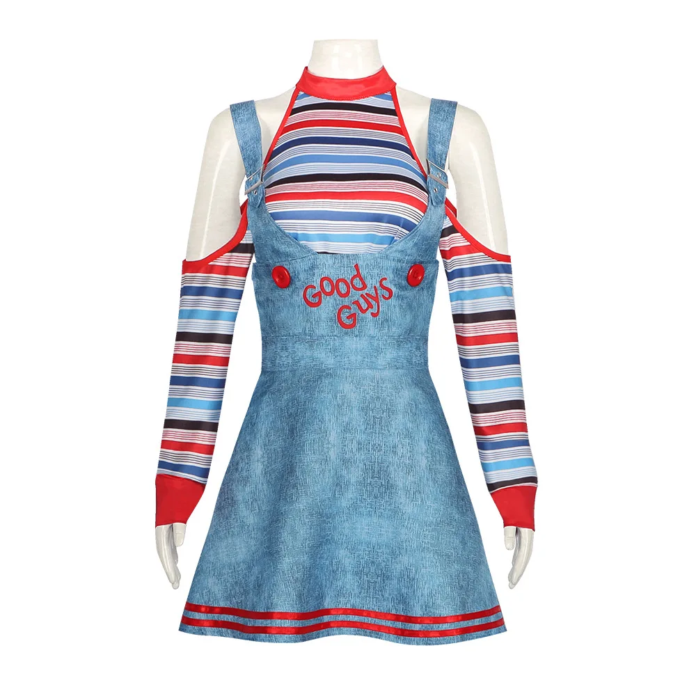 

Horror Movie Chucky Cosplay Costume For Women Girl Sexy Striped Tops Cowboy Dress Suit Party Halloween Costumes