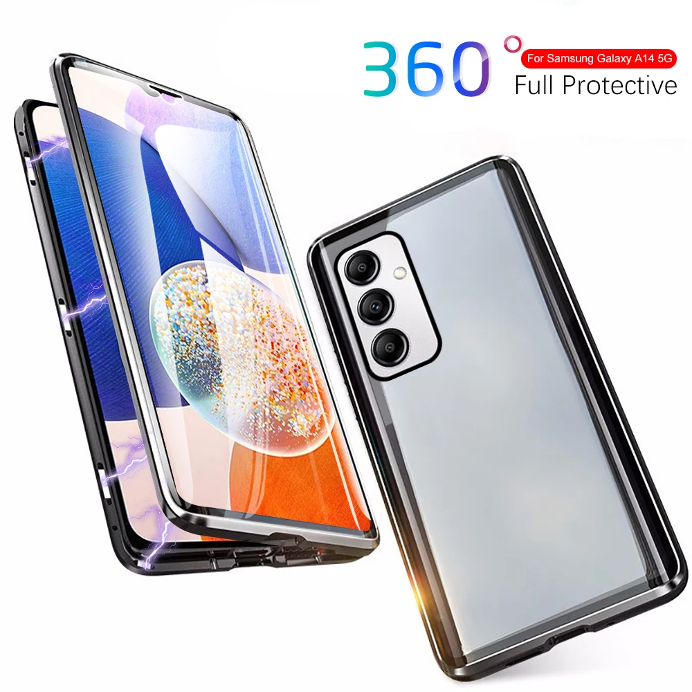 For Samsung Galaxy A14 5G Case 360° Magnetic Flip Double Sided Tempered  Glass Cover On For Samsung A14 A 14 14A 5G Funda 6.6inch - AliExpress