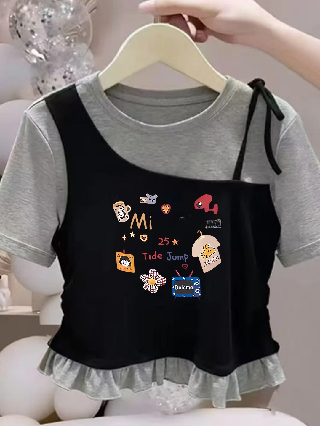 Girls Short Sleeve T-Shirt Pure Cotton Ruffle Hem Short Style Summer Casual Fit Children's Wear Breathable round Neck Top - 3