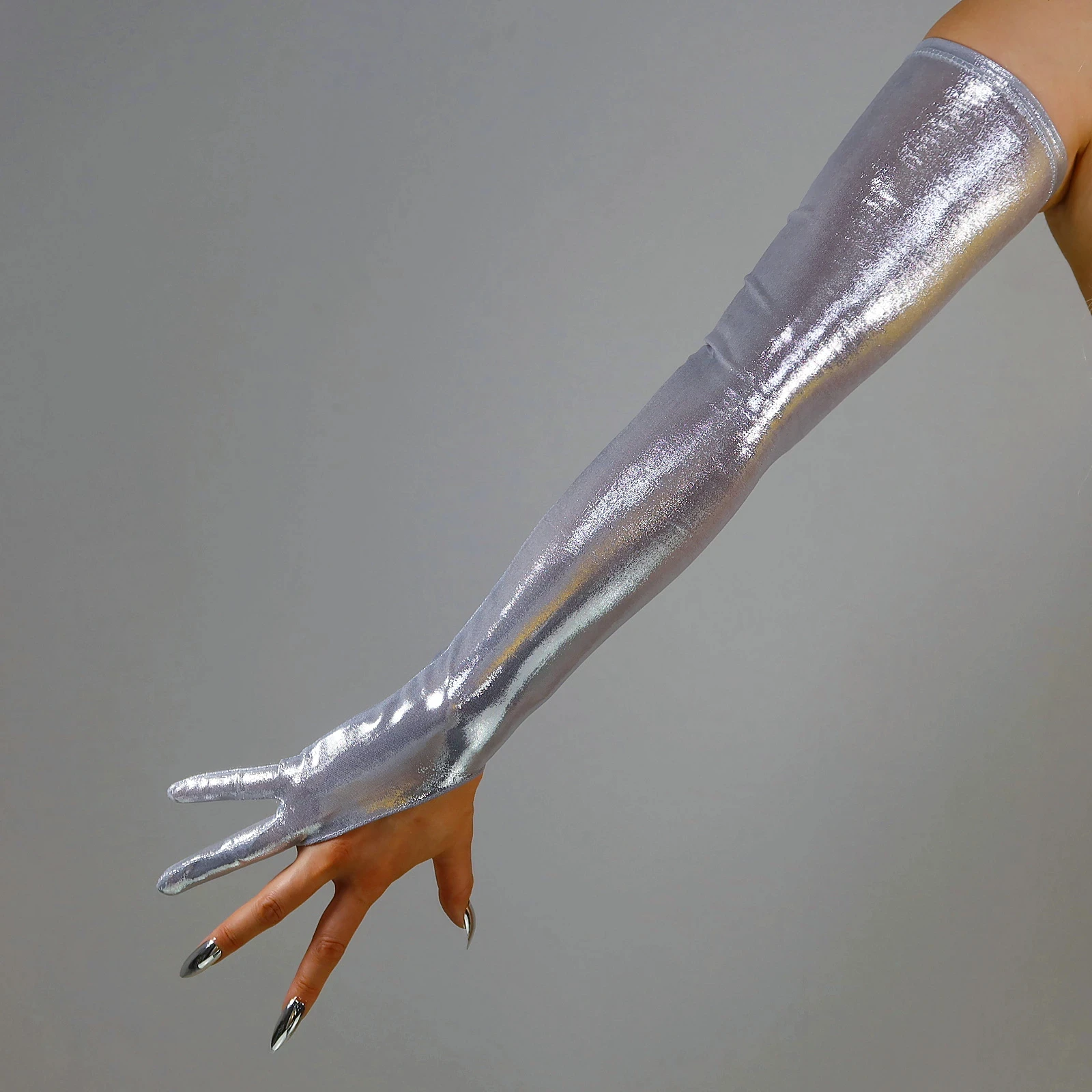 

METALLIC LONG GLOVES Fingerless Silver 28" 70cm Liquid Shine Glow Thin Slim Touchscreen TECH FOIL Evening Cosplay Fashion Glove