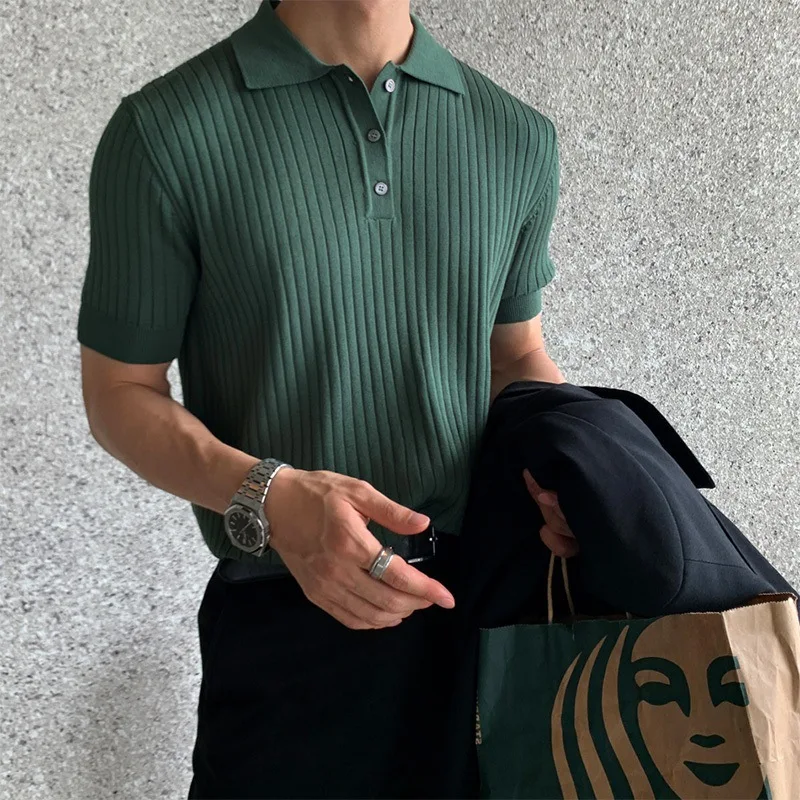 

Summer Men's Retro Knitting Lapel Stripe POLO Shirt Solid Color Thin Cozy Short Sleeve T-Shirt 2024 New