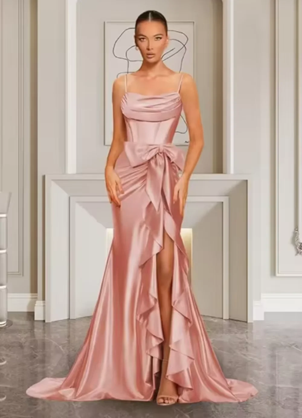 Spaghetti Straps Satin Prom Dresses for Women Mermaid Evening Gown ...