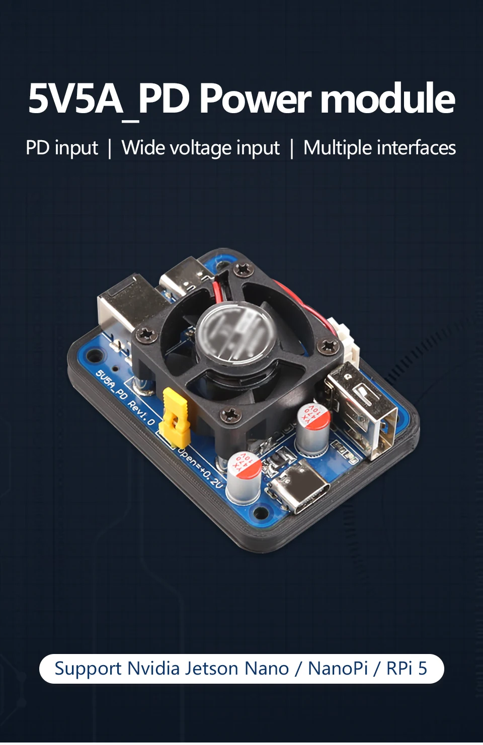 5V5A PD power,USB-C and USB-A dual port Power module for Raspberry Pi5, support