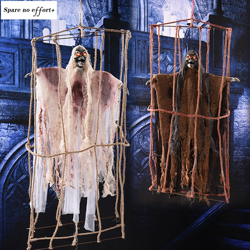 

90CM Cage Ghost Skull Halloween Decoration Electric Horror Music Funny Toys Horror Scene Props