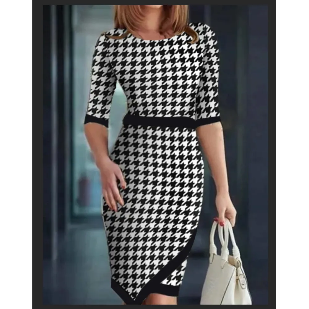 

Sexy Sheath Midi Dress Women 2024 Spring O-Neck Half Sleeve Bag Hip Elegant Dresses Houndstooth Panelled Office Bodycon Robe