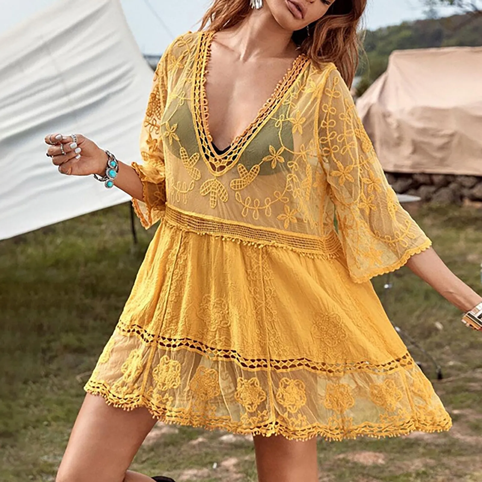 

Beach Dress 2024 Summer Sexy See Through Mesh Women's Swimwear Cover Up Fashion V Neck Lace Beach Sun Shirt Bikini Cover Ups