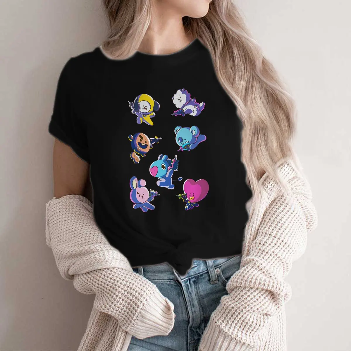 

Cartoon Characters Round Collar Polyester TShirt Space Invaders Classic T Shirt Women Clothes Individuality