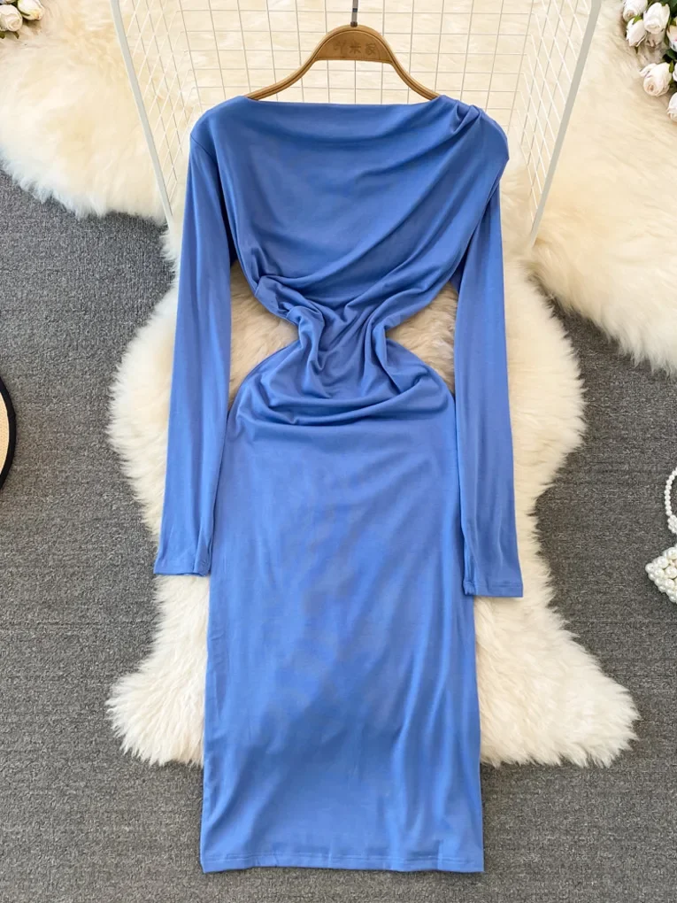 

Платье Foamlina женское средней длины, повседневное однотонное облегающее эластичное базовое с воротником-лодочкой и длинным рукавом, со складками, весна-осень