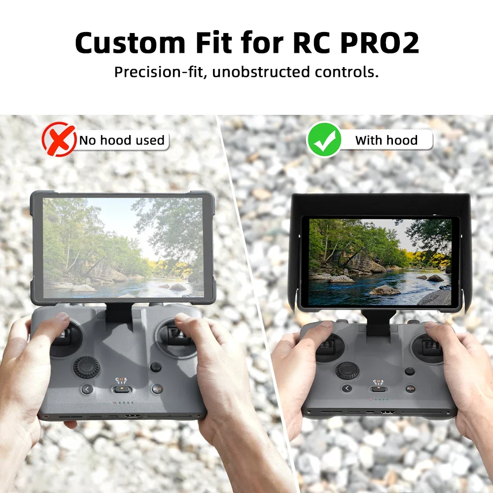 Pare-soleil pour DJI RC Pro 2 installé, avec un drone Mavic 4 Pro en arrière-plan, illustrant l'accessoire en situation.