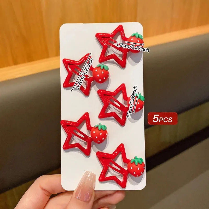 5PCS Kawaii Red Star Hair Clips Girls' Strawberry BB Clips Suitable for Daily Use Kids Baby Hair Accessories