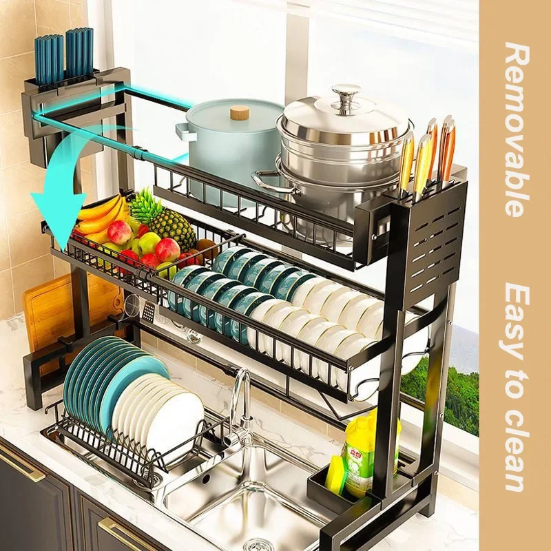 Kitchen Multifunctional Storage Shelf Above The Sink Stretchable Bowl Draining Rack Dish Knife Spoon Sink Rack Set Organizer 3