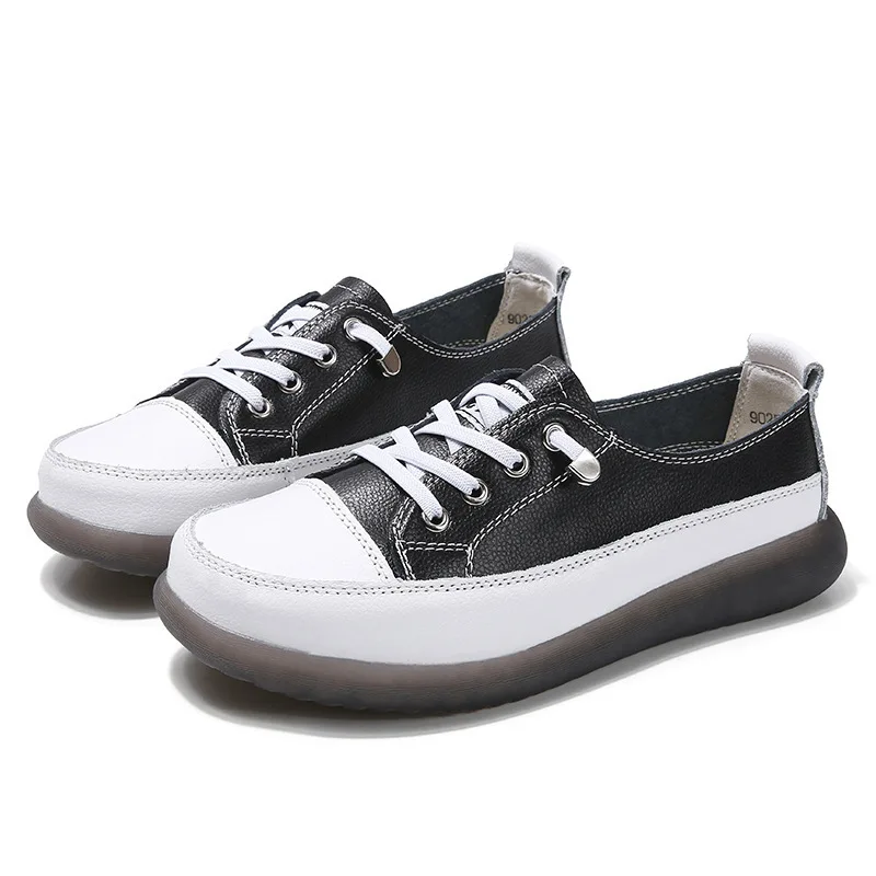 Running shoes Spring Autumn Genuine Leather Vulcanized Shoes Women Jogging Sneakers Woman Lace Up Flat Walking Trainers Fitness Cross-training