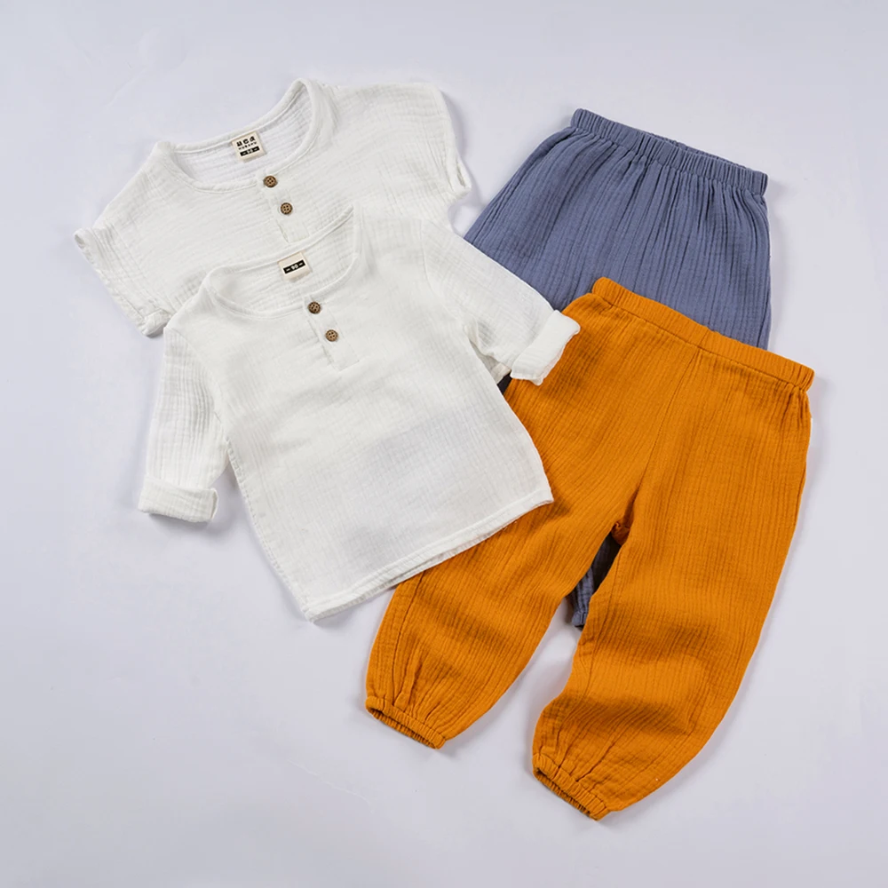 

Boys Girls Cotton Linen Suits Solid Leisure Soft Long Sleeve Shirt + Loose Pants 2PCS Clothes Sets Children's Breathable Outfits