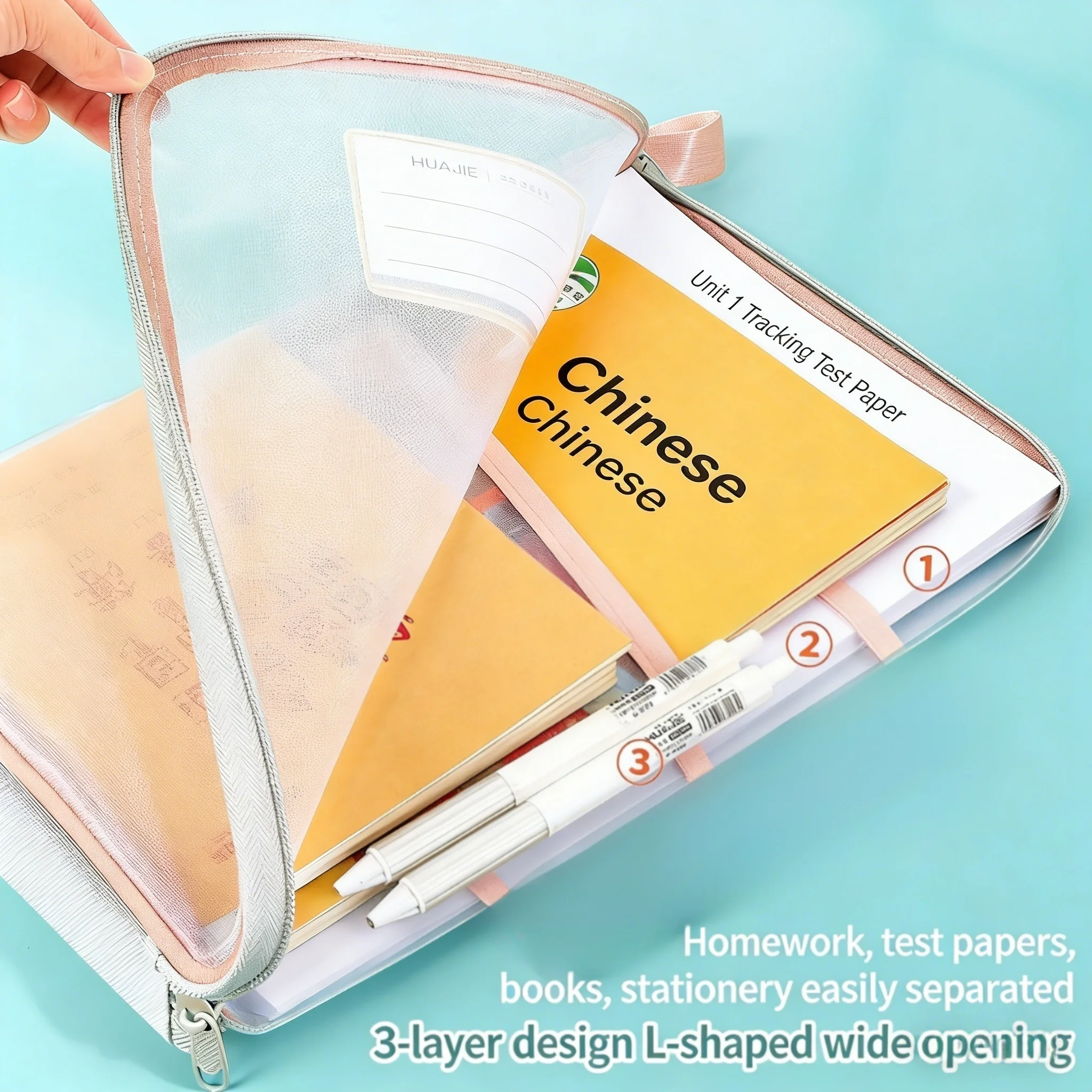 A4 Stationery Storage Bag Double-layer Mesh Zipper Bag Large Capacity Organizer Folders School Office Supplies