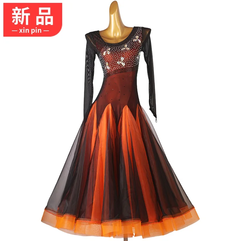 

Оранжевое современное платье с украшением из страз для выступлений, конкурсов по национальным стандартам, танцевальные качели, общественный вальс