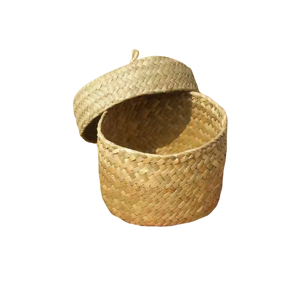 Weaving Snack Storage Box Handmade Storage Baskets Wicker Wardrobe Table Round Gift Box Wicker Seagrass Flower Pot Home Sundries