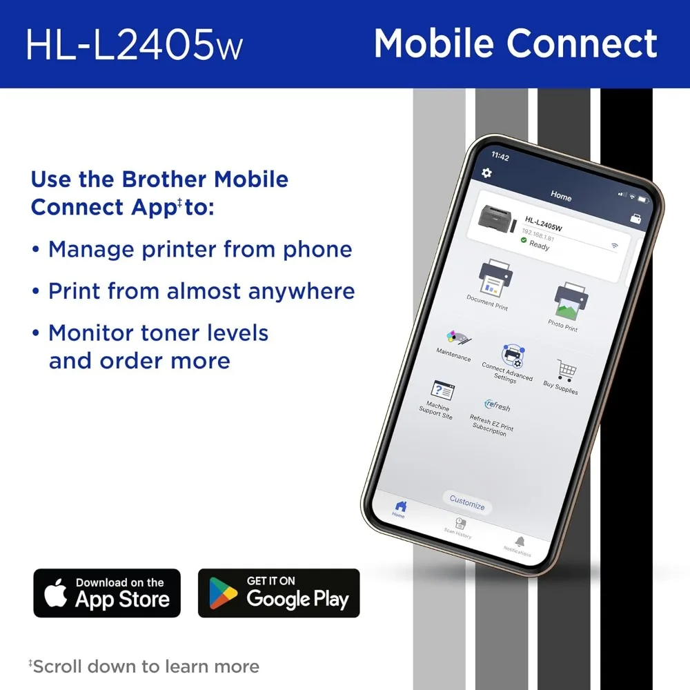 HL-L2405W Wireless Compact Monochrome Laser Printer with Mobile Printing Black & White Output includes Refresh Subscription