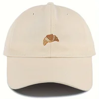 Adjustable Breathable Cotton Baseball Cap - Versatile Embroidered Croissant Pattern Dad Hat with Sunshade for Outdoor Sports 1