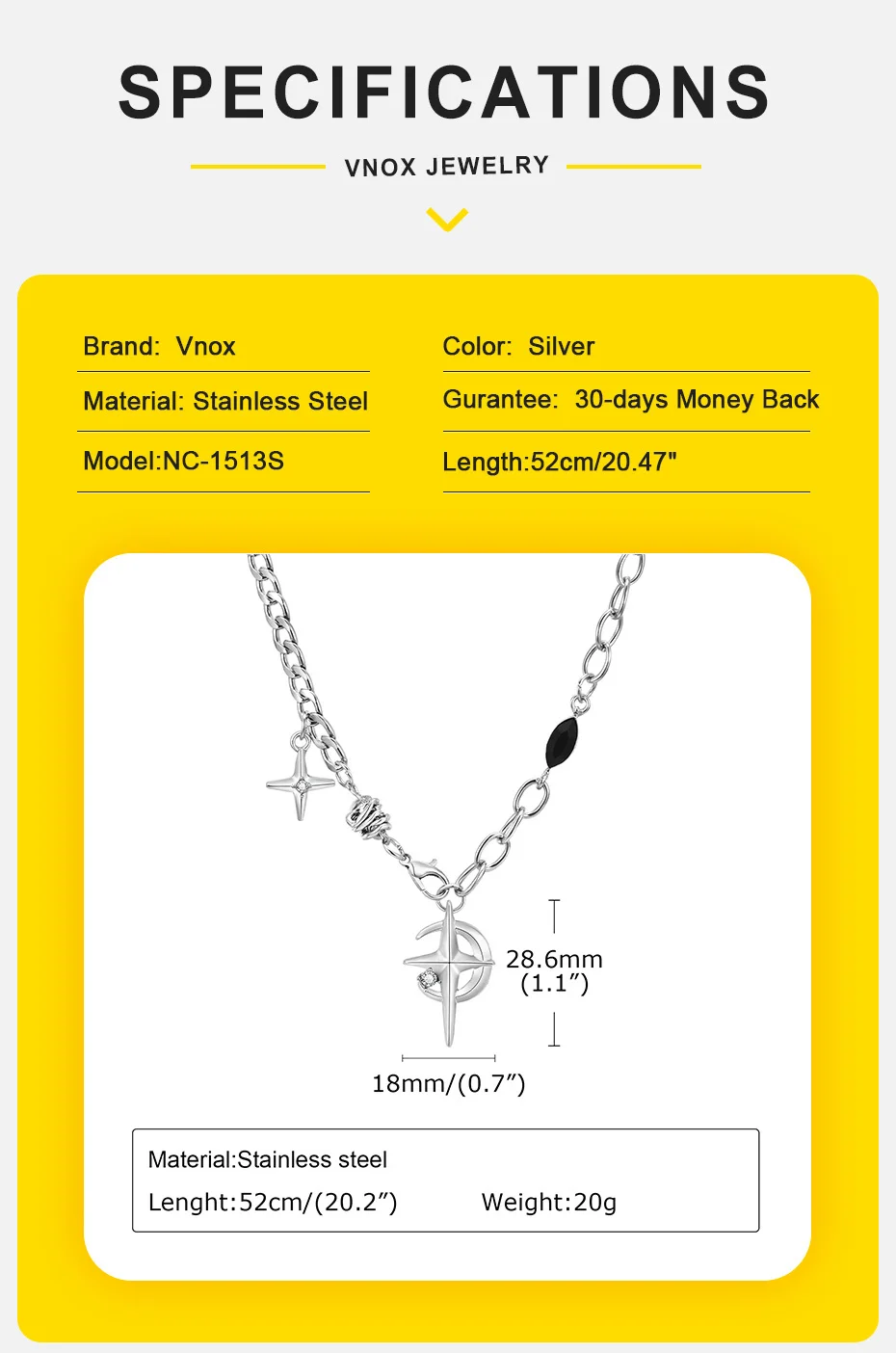 Vnox Edelstahl Hip Hop Star Mond Polier kette Inlay Edelstein Anhänger Halskette für Männer Frauen, Unisex Ketten kragen – Detail 4