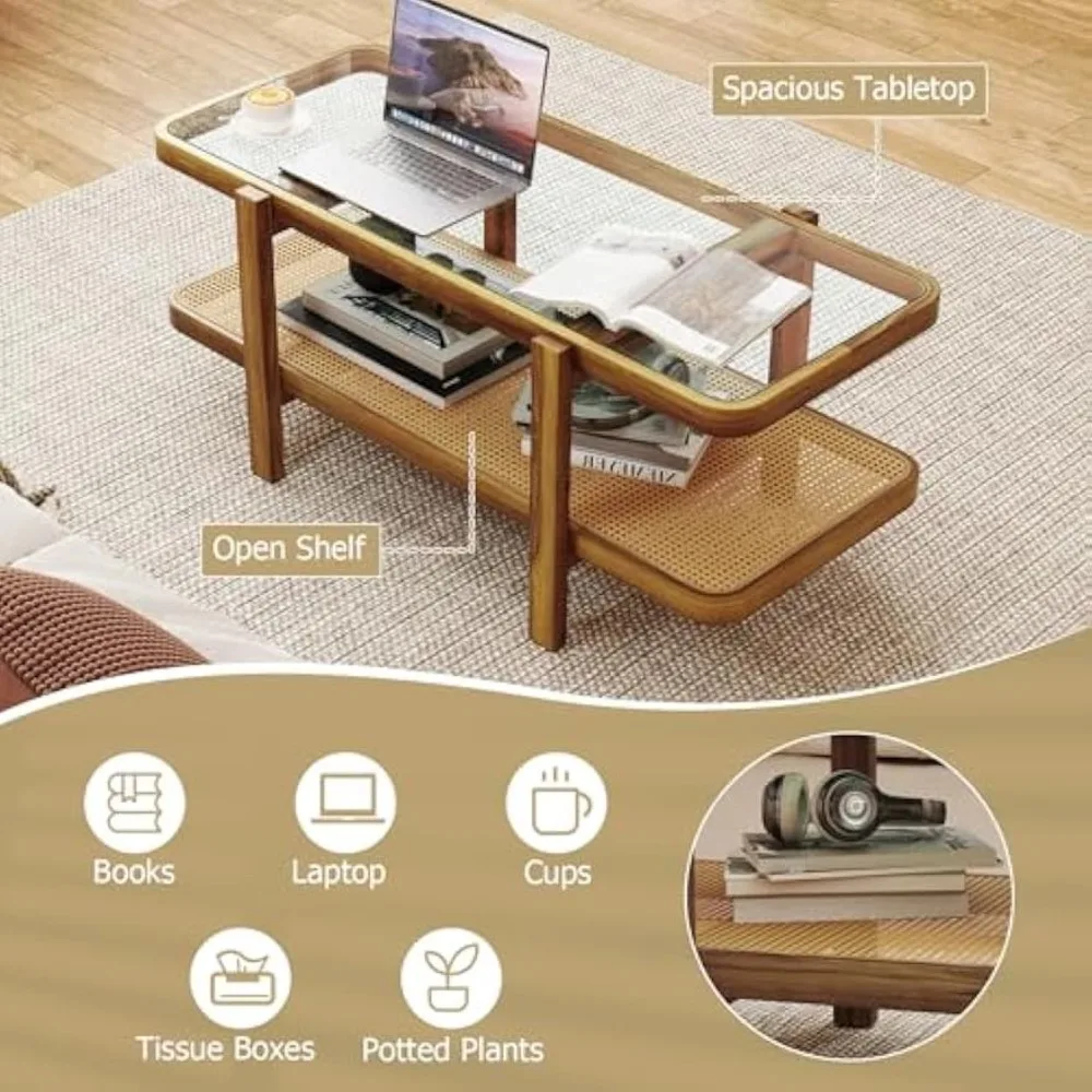 Rattan Coffee Table, 47.5" Rectangle Solid Wood Tea Table w/Tempered Glass Tabletop & PE Rattan Storage Shelf, 2-Tier Boho Coff 6