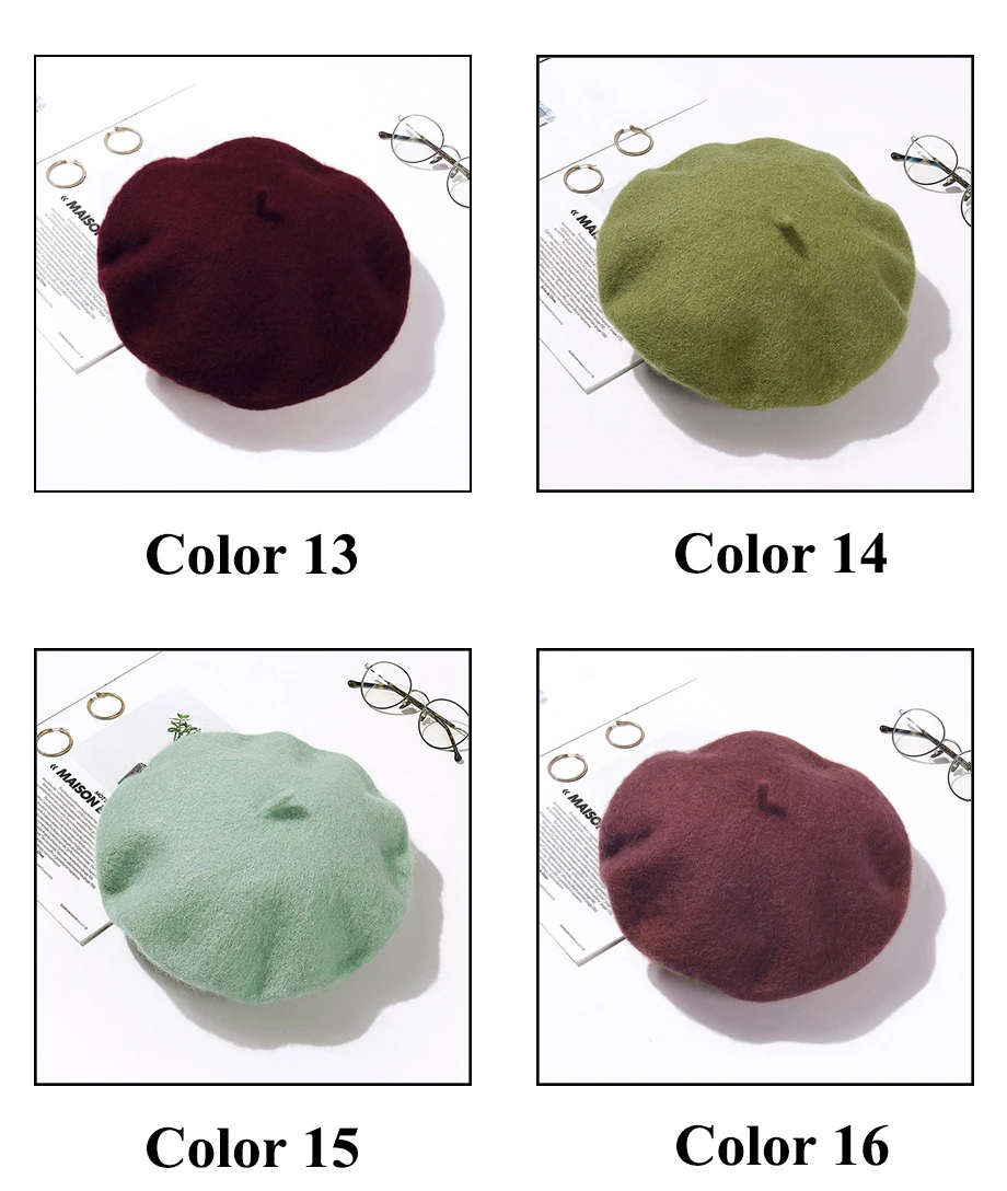 Wolle Baskenmütze Hüte Frauen Winter Französisch Hut Mädchen Einfarbig Mode Herbst Winter Baskenmütze Hut Für Frauen Warm Filz Straße Berets – Detail 12