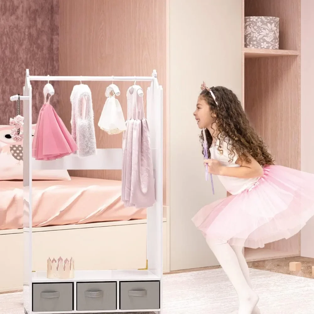 Children's Wardrobes, Dress Up Storage Kids Costume Organizer Center, Open Hanging Armoire Closet Unit Furniture (White)