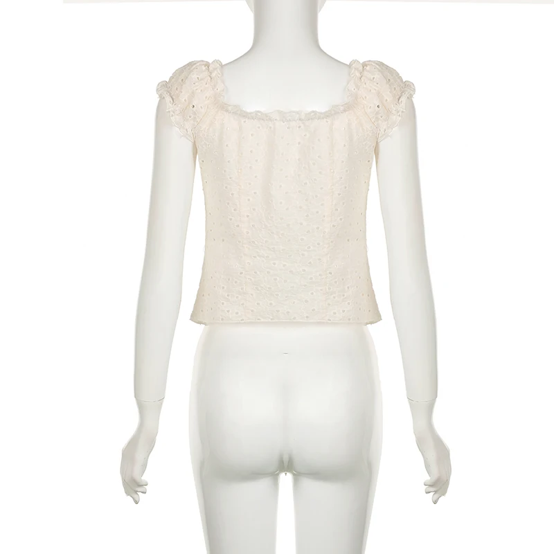 Jacquard Hollow Out Lace-up Cute Top Y2K Girls Short Sleeve Fitted Tee Shirt Ruffles Detail Square Collar Tops Women