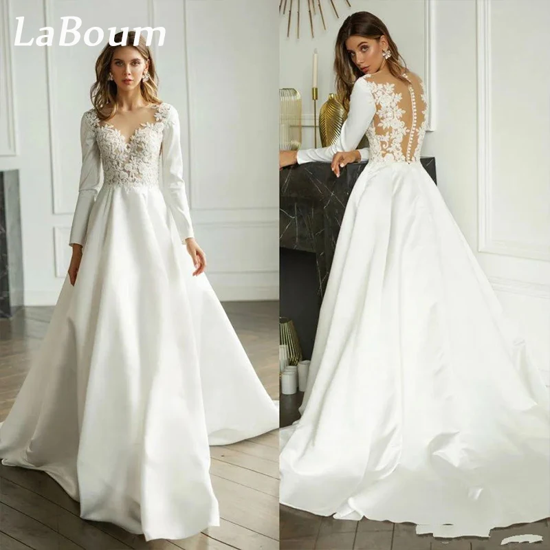 

LaBoum Simple V-Neck Satin Wedding Dresses For Women Applique Lace Bridal Gowns A-line Sweep Train Robe Mariage Vestido de Novia