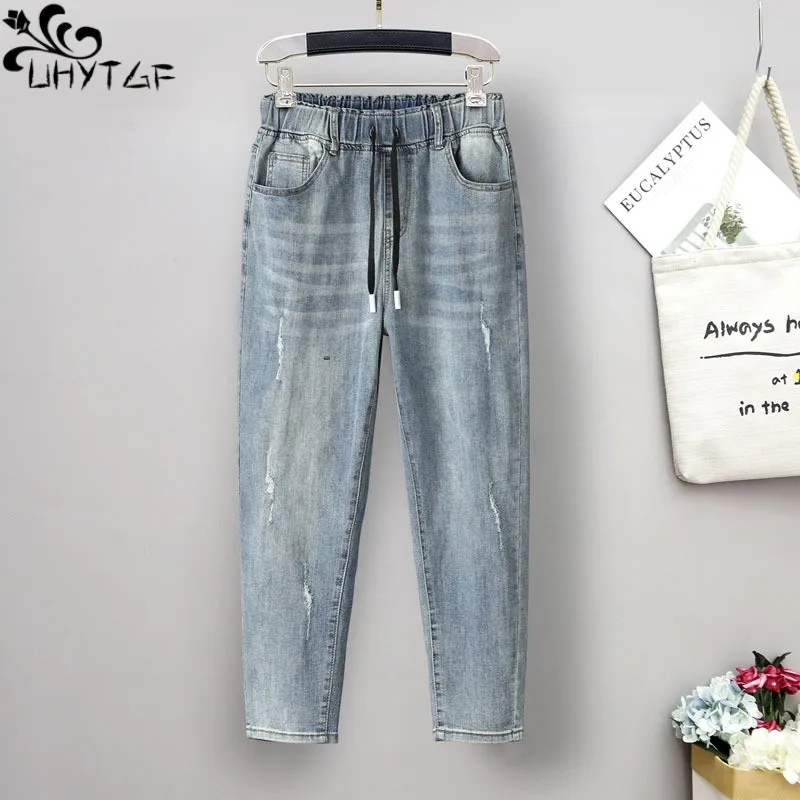 

UHYTGF Jeans Women's Spring Summer New Large Size Elastic High Waist Hole Nine Points Harlan Small Pants Thin Female Denim Pants