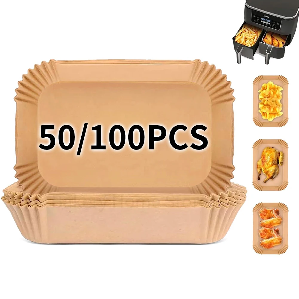 50/100Pcs Rectangle Air Fryer Disposable Liner Oil-proof Parchment Paper Tray Non-Stick Baking Mat Kitchen Airfryer Accessories