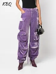KBQ Patchwork Pockets Loose Cargo Pant For Women High Waist Streetwear Solid Velvet Mopping Pants Female Fashion Style Clothing