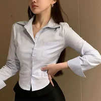 2025 New Female Korean White Office Women Chiffon Shirt Pocket Button Lapel Ladies Blouse Spring Commuter Long Sleeve Crop Tops - Image 4