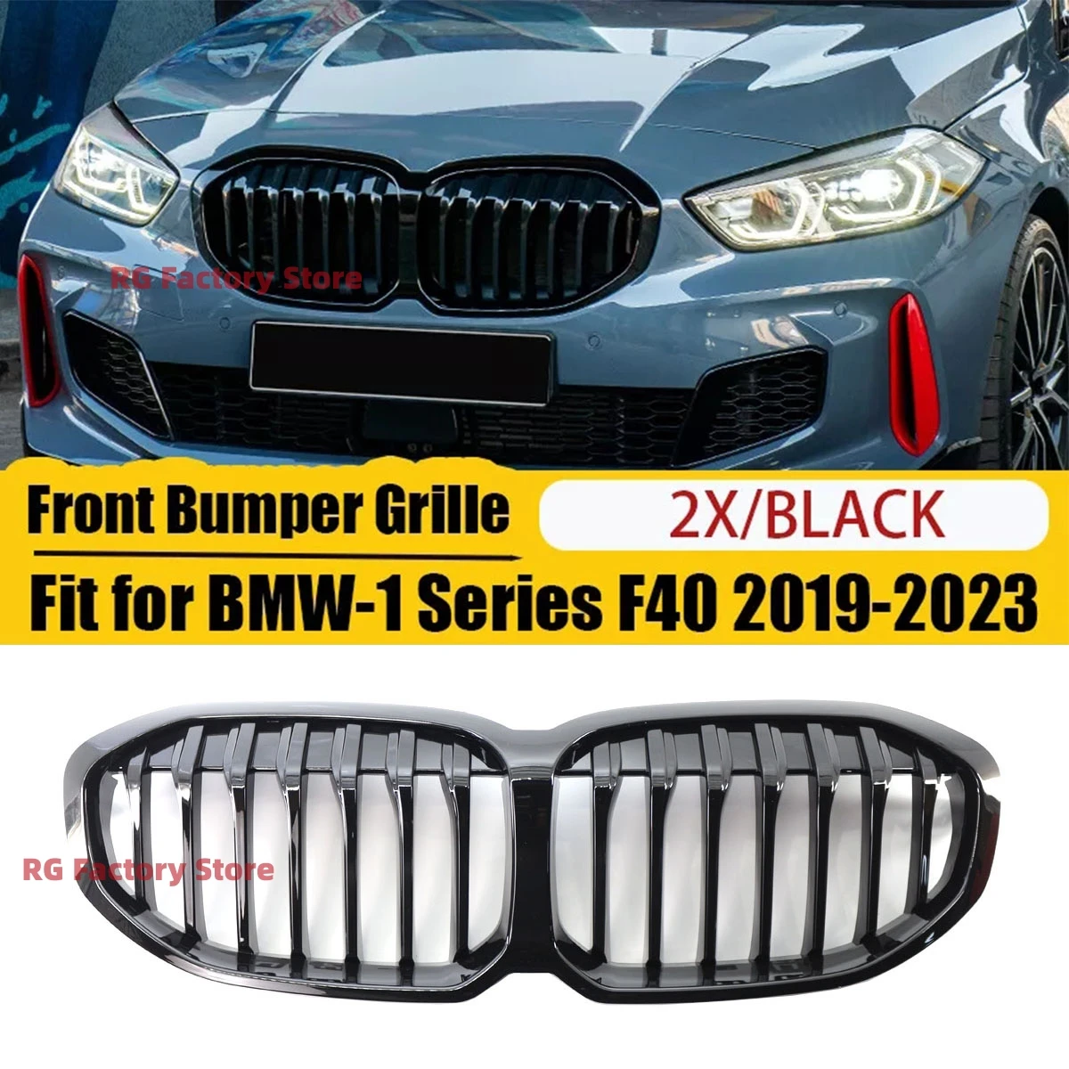Rejilla de carreras de riñón de parachoques delantero negro brillante para BMW F40 serie cubierta de parrilla deportiva de listones individuales
