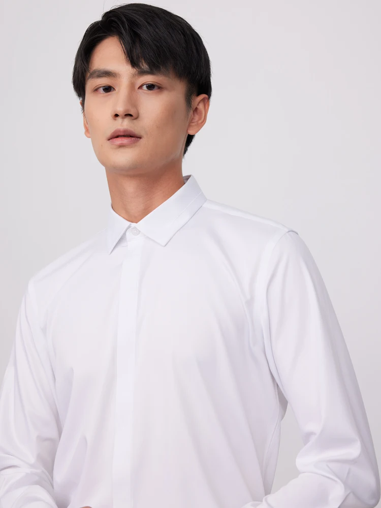 Men's Long Sleeve Casual Slight Strech Basic Shirt Without Pocket Front Hidden Buttons Placket Comfortable Slim-fit Dress Shirts