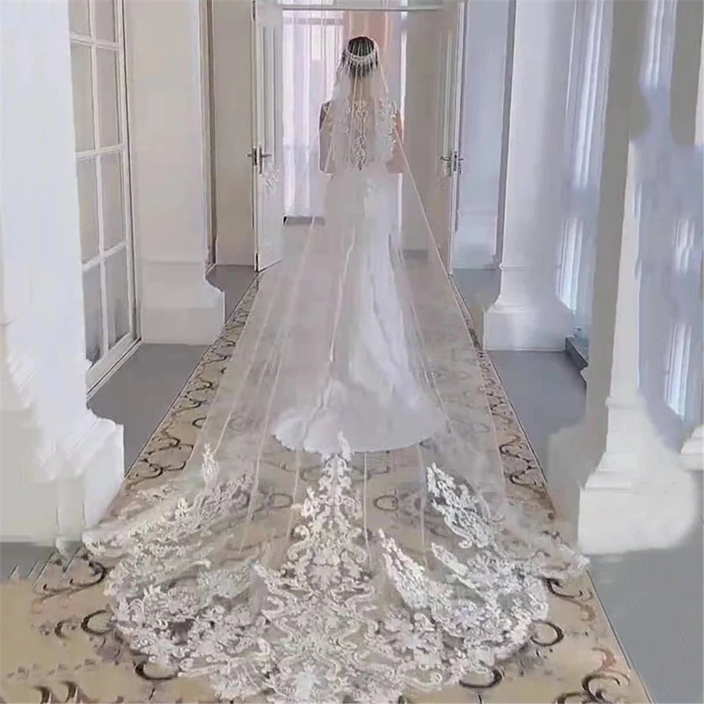 1 Tier Bridal Veil Ivory White Cathedral Mantilla Wedding Veil Long Floral Embroidery Soft Tulle Lace Scalloped