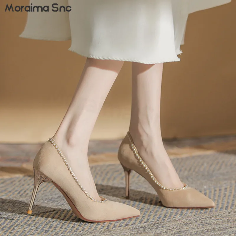 

Apricot Suede Beaded Shallow Mouth Pumps Pointed Toe Stiletto Sexy Fashion High Heels Temperament Black and Green Women's Shoes