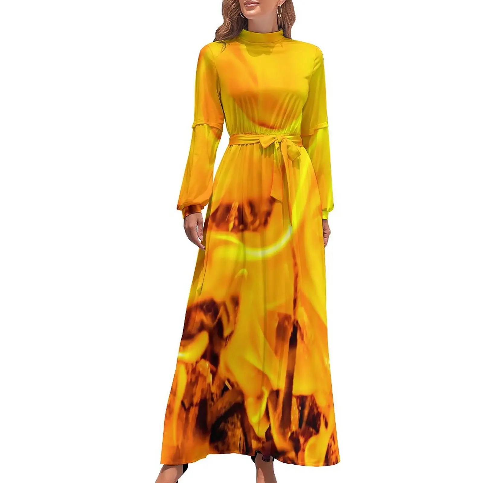 

Fire And Flames Dress Abstract Print Casual Bohemia Dresses Women Long Sleeve High Neck Party Long Maxi Dress