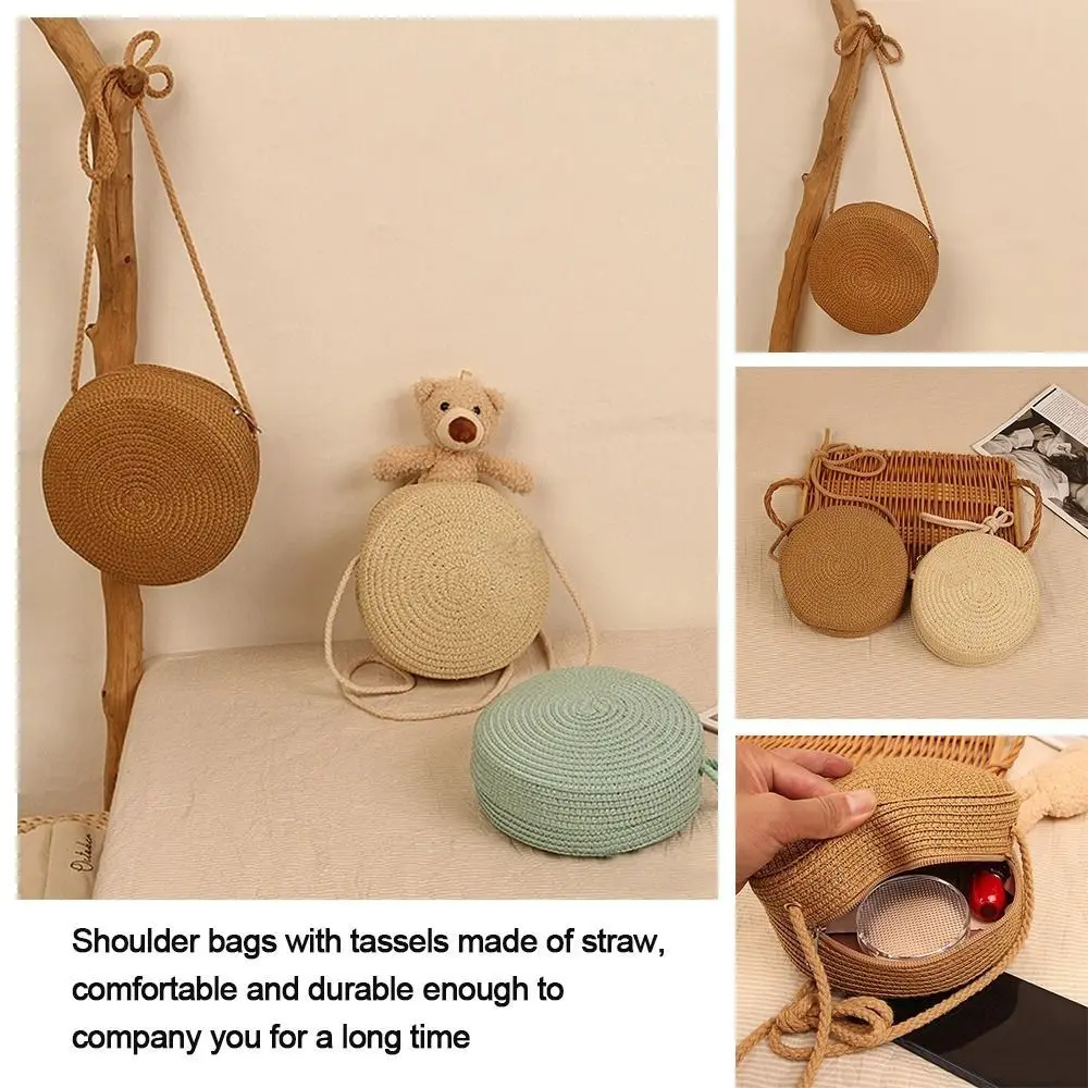 Round Straw Bag Women Woven Beach Crossbody Bag for Ladies Cute Shoulder Rattan Handmade Knitted Candy Color Small Handbag