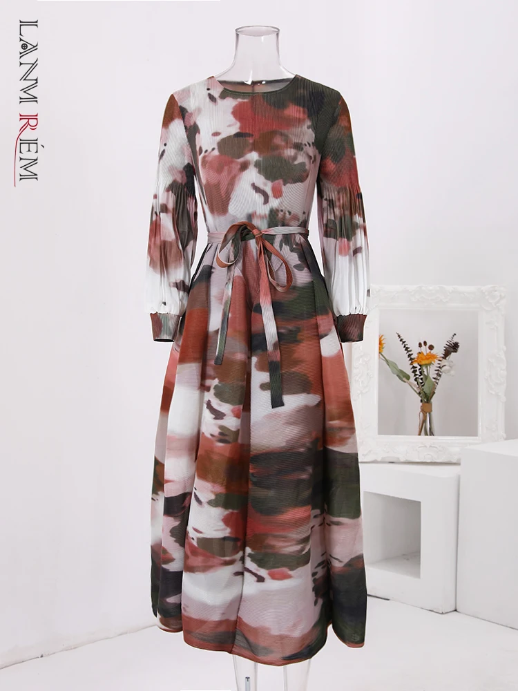 

LANMREM Vintage Print Pleated Women's Dress Round Neck Belt Gather Waist A-line Dresses Fashion 2024 Spring New Clothing 32C743