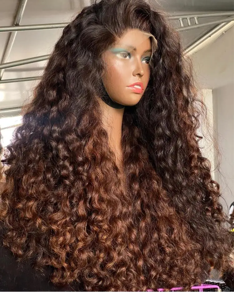 

Natural Hairline Ombre Brown Blonde Soft Preplucked Glueless 180Density Long Kinky Curly Lace Front Wig For Women BabyHair Daily