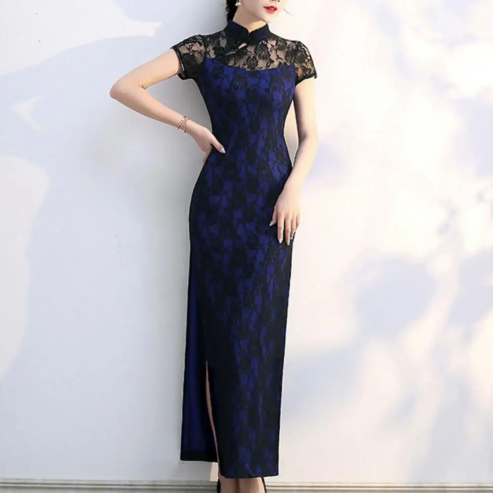 Chinese Qipao Elegant Vintage Chinese Lace Maxi Dress with Stand Collar Side Split Women's Classic Qipao Cheongsam for