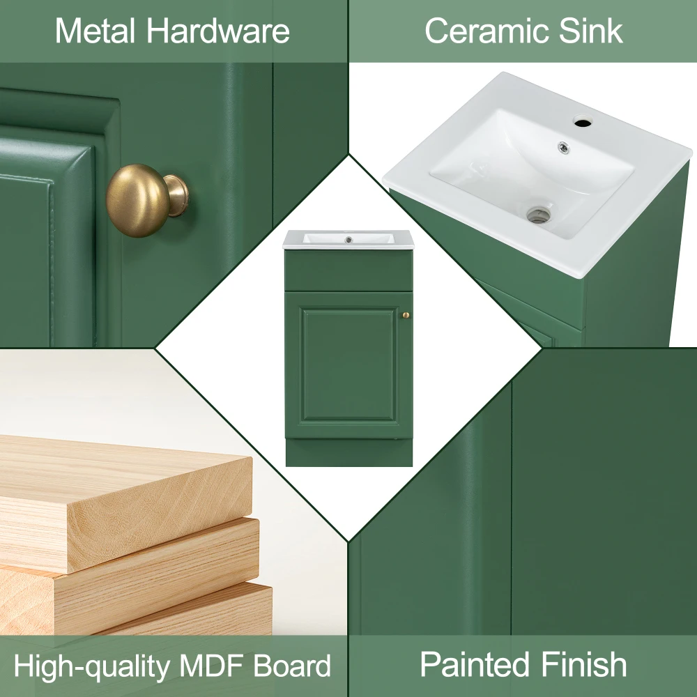 18" Bathroom Vanity With Sink, Vanity Cabinet With Door Shelf And Adjustable Shelf, Green 4