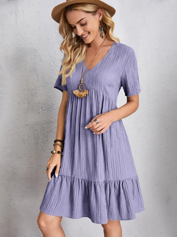 Elegant V Neck Ruffle Mini Dress - Womens Casual Summer Sundress