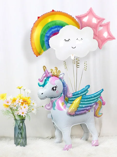 Decoración De Cumpleaños Unicornio - 12 Globos 3D Con Nubes, Arcoíris Y Mariposas, Para Fiesta De 5 Años
