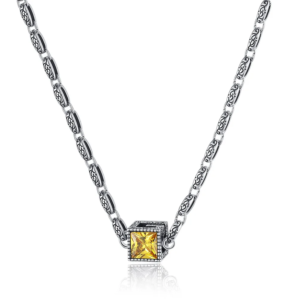 

Purple Yellow Zircon Unique Stereo Retro Thai Silver Large G Square Necklace for Women Ins Jewelry for Women