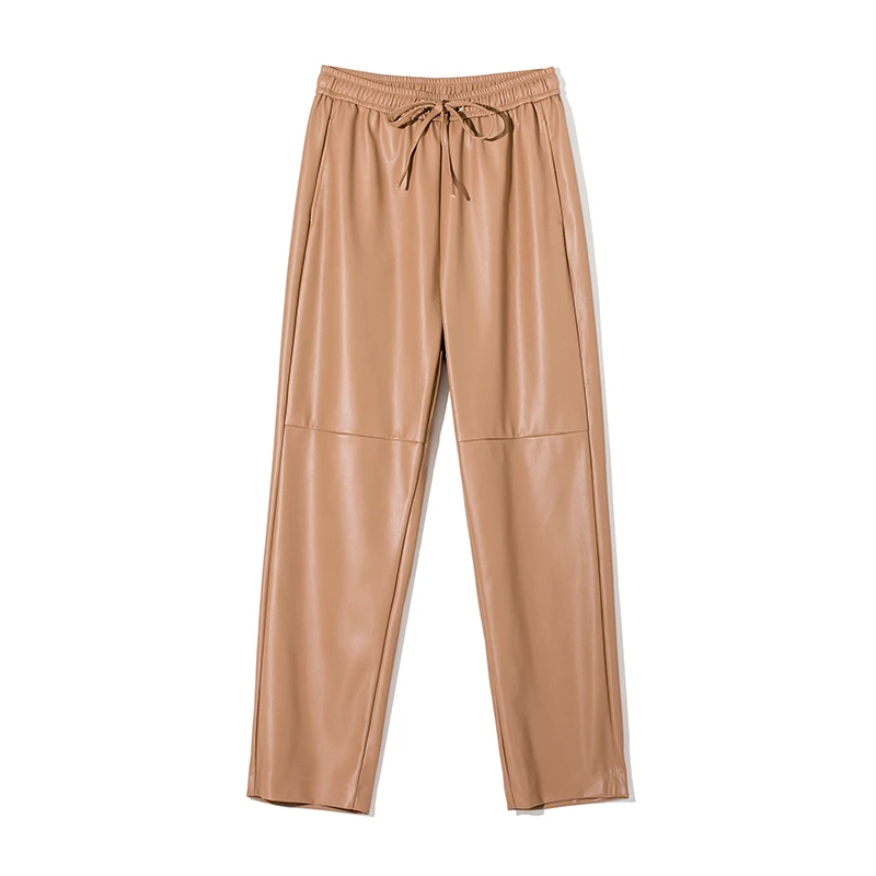 Pantalones rectos de cuero sintético para mujer, pantalón de cintura alta 4