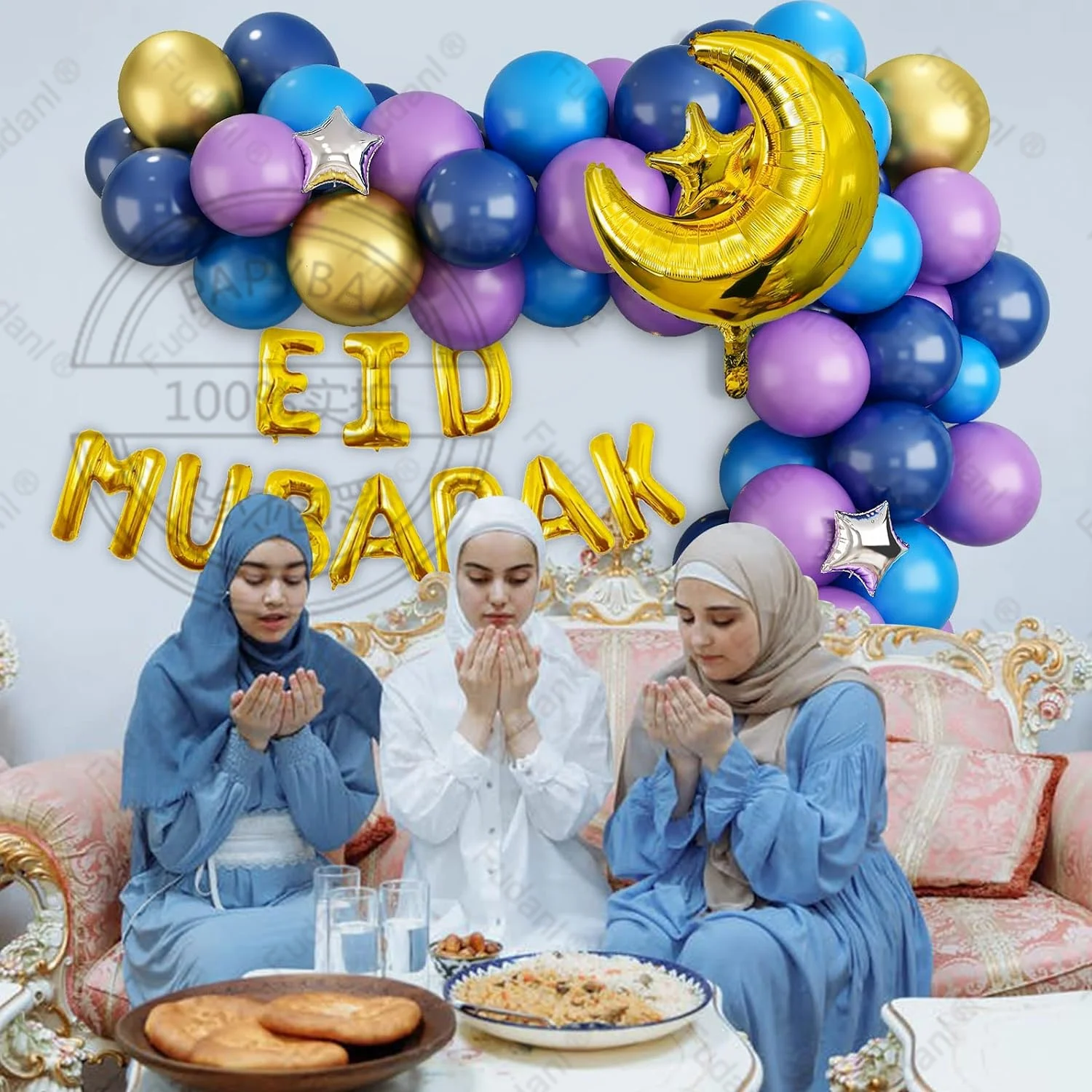 Eid 무바라크 풍선 아치 키트, 블루 골드 퍼플 달 스타 포일 풍선, 라마단 무바라크 파티 장식, 홈 홀리데이 장식