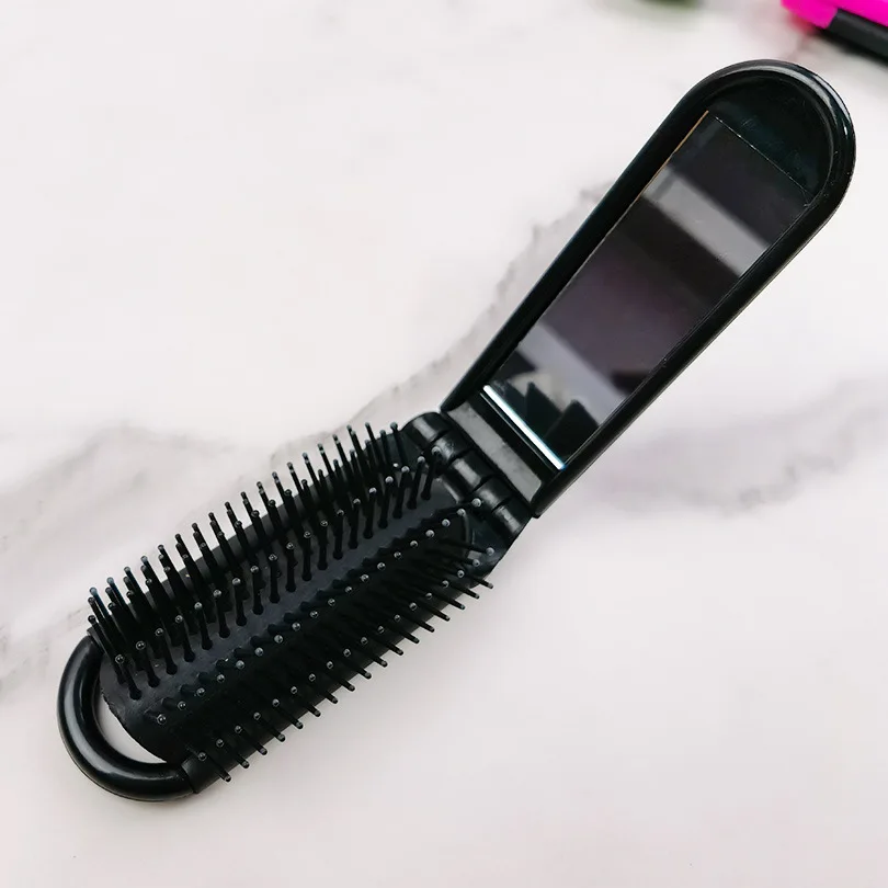 Compact Dual-Use Folding Hair Brush with Mirror - Portable and Heat-Resistant