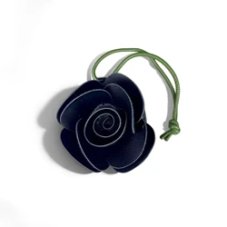Sophisticated 3D Camellia Flower Bag Charm with Handmade Olive Green Leather Strap (Black)