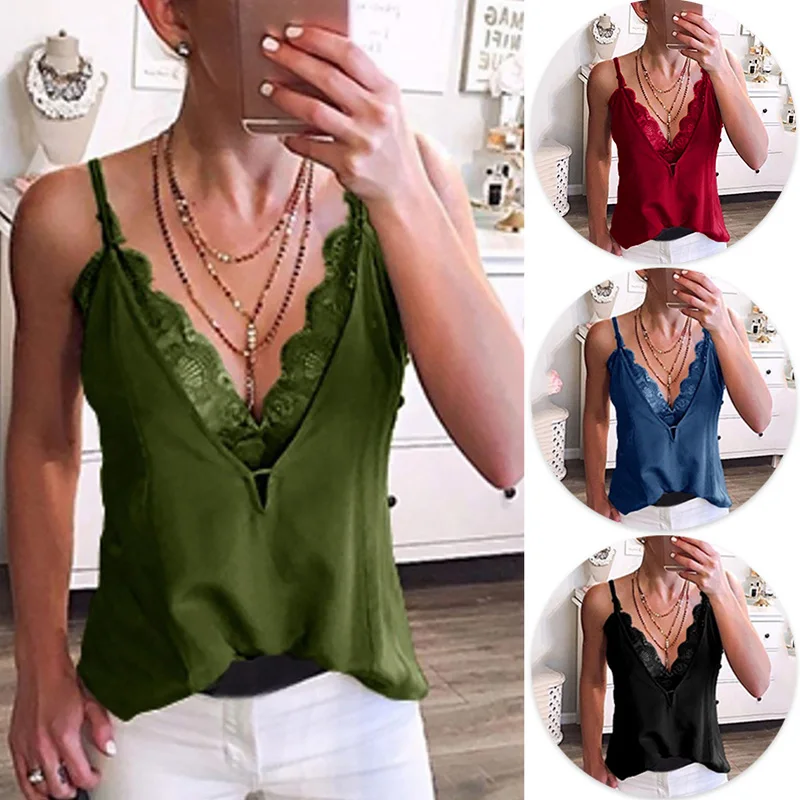 Summer Sexy Sleeveless Tank Tops Solid Color Deep V Neck Hook Flower Lace T-Shirts Womens Fashion Vintage Casual Backless Top